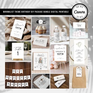 Minimalist Theme Birthday Bundle Digital Printable, Birthday Bundle Template, Birthday Party Bundle, Instant Download, Made In Canva