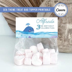 Sea Theme Treat Bag Topper: Editable Birthday Party Labels (Canva editable, Instant Digital Download)