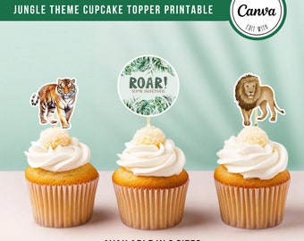 May include: Three cupcakes with jungle-themed toppers. The toppers feature a tiger, a lion, and a circle with the text "Roar! Some Sweetness".
