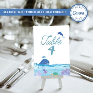 Numero di tavolo modificabile a tema mare, biglietto di auguri moderno per il compleanno, stampabile in digitale, download immediato, cartello da tavolo a tema mare, Canva