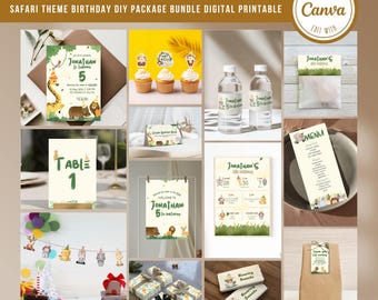 May include: A digital printable safari-themed birthday party package bundle. The set includes a welcome sign, invitation, table number, menu, cupcake toppers, favor bags, water bottle labels, and gift tags. The design features a green and brown color scheme with animal illustrations.