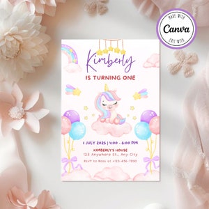 Unicorn Theme 1st Birthday Invitation Editable Printable | Digital ...