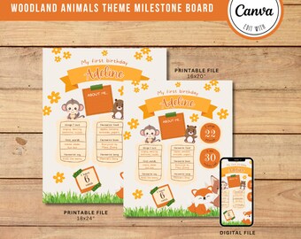 May include: A milestone board with a woodland animals theme, featuring a monkey, bear, and fox. The board includes the name "Adeline", and details about the child's first birthday. The printable file sizes are 16x20 inches and 18x24 inches.