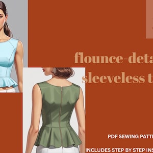 Op de afbeelding: Illustratie van een mouwloze top met flounce-details in lichtblauw en olijfgroen. De afbeelding bevat de tekst "flounce-detailed sleeveless top" en "PDF sewing pattern includes step by step instructions".