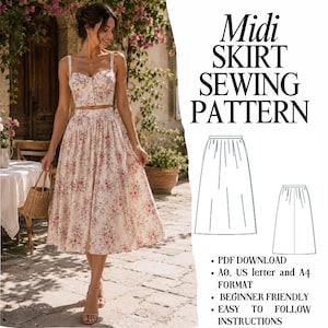 Peut inclure: Un patron de couture pour jupe midi avec une jupe à motif floral et un haut court assorti. L'image contient le texte Midi Skirt Sewing Pattern, PDF download, A0, US letter and A4 format, beginner friendly, et easy to follow instructions.