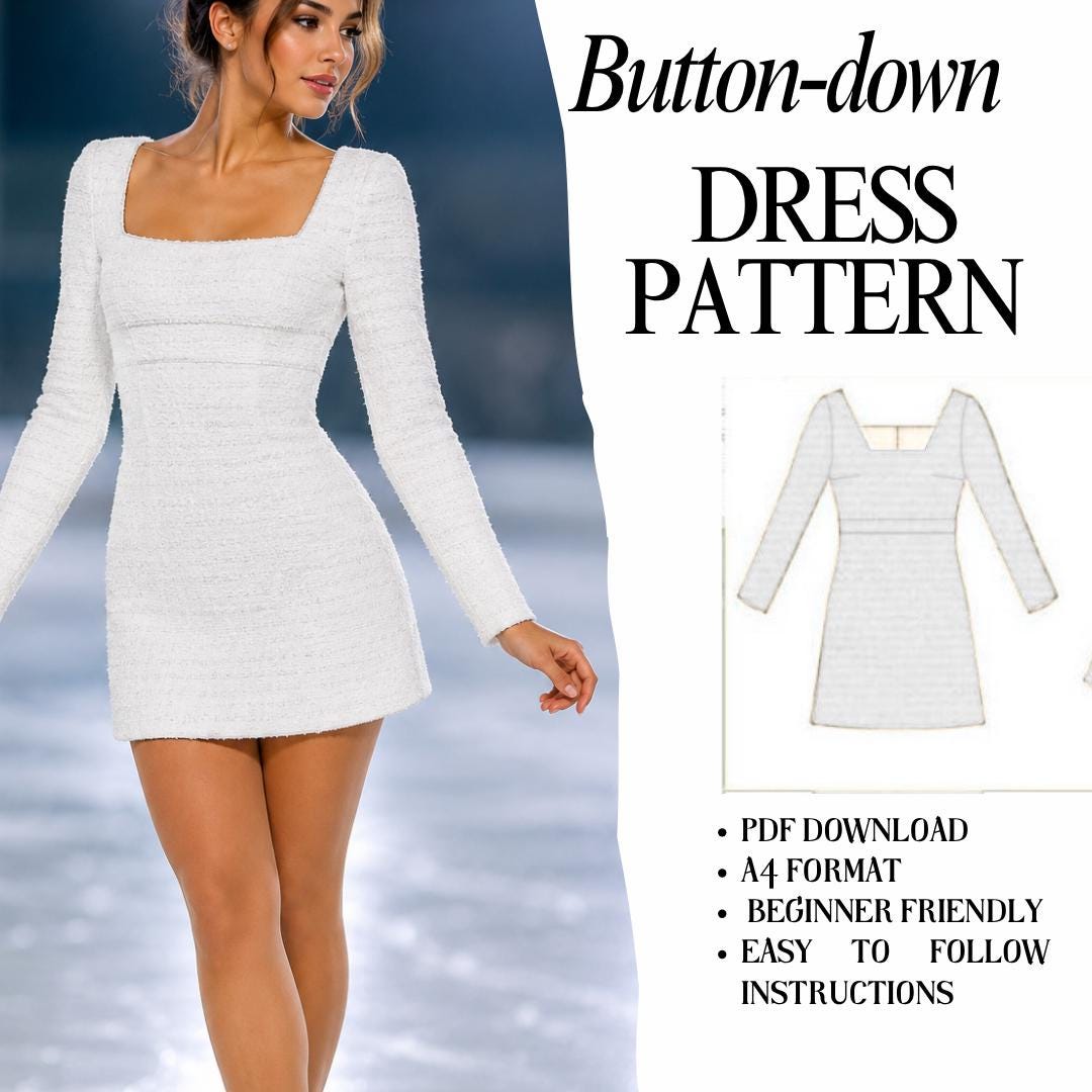 square neck a line dress pattern A-Line Sewing Pattern, Fit and Flare (PDF Pattern) Color:M-Ivory