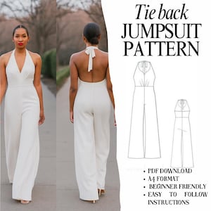 Halter Neck Tie-Back Jumpsuit Sewing Pattern | Open-Back, Pleated Waist (PDF)