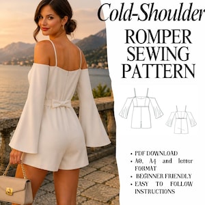Op de afbeelding: Een witte romper met blote schouders, lange uitlopende mouwen, dunne bandjes en een kleine strik in de taille. De tekst luidt Cold-Shoulder ROMPER SEWING PATTERN, PDF DOWNLOAD, A0, A4 and letter FORMAT, BEGINNER FRIENDLY, EASY TO FOLLOW INSTRUCTIONS.