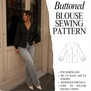 Peut inclure: Un chemisier noir à manches longues boutonnées avec un col en V et un jean bleu clair. L'image contient le texte Buttoned BLOUSE SEWING PATTERN, PDF DOWNLOAD, A0, US letter and A4 FORMAT, BEGINNER FRIENDLY, EASY TO FOLLOW INSTRUCTIONS.