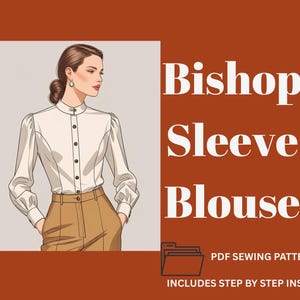 Bishop Sleeve Blouse Sewing Pattern | Button-Down Top with Collar Stand | Long Sleeve Shirt downloadable PDF Pattern | Formal wear | XS–XXL