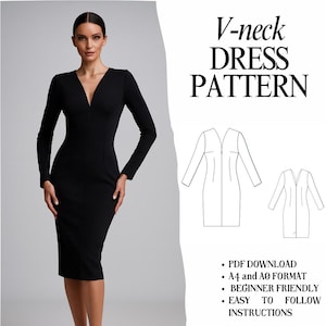 Fitted Knee-Length Dress Sewing Pattern – Deep V-Neck, Long Sleeves (PDF)