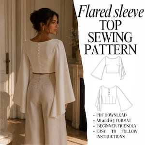 Bell Sleeve Blouse Sewing Pattern – Boat Neck, Fitted Bodice (PDF Pattern)