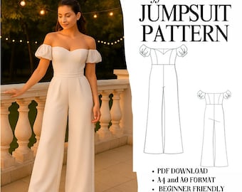 Floor-Length Off-Shoulder Jumpsuit Sewing Pattern | Cold Shoulder Bishop Sleeve | Knit-Friendly | Occasion Wear. Downloadable PDF