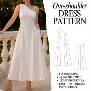 One-Shoulder Tiered  Asymmetrical Neckline Dress, Sleeveless Princess Seam Dress . PDF download sewing pattern