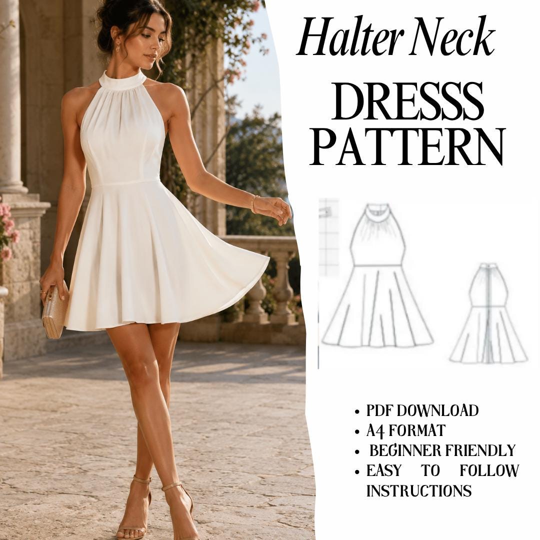 Halter Neck Dress Sewing Pattern (PDF Download, A4 Format) Beginner ...