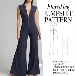 Naaipatroon jumpsuit uitlopende pijpen | Diepe V-hals, XS–XXL (downloadbare pdf)