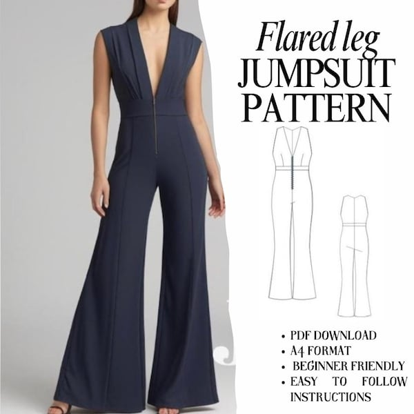 Flared Leg Jumpsuit Sewing Pattern | Plunging V-Neck, XS–XXL (Downloadable PDF)