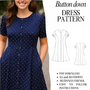 Patrón de costura para vestido con botones y mangas abullonadas (PDF digital)