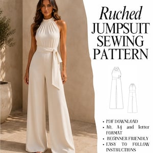 Schnittmuster für einen Jumpsuit mit gerafftem Neckholder | Weites Bein, Gürtel in der Taille (PDF-Download)