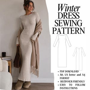 Peut inclure: Un patron de couture pour robe longue à manches longues beige avec le texte Winter Dress Sewing Pattern, PDF Download, A0, US letter and A4 format, beginner friendly, easy to follow instructions et un dessin technique linéaire.