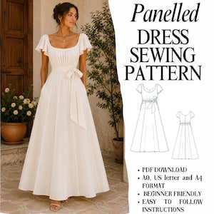 May include: A floor-length cream-coloured dress with flutter sleeves, a scoop neckline, and a waist tie. The image includes the text: Panelled DRESS SEWING PATTERN, PDF DOWNLOAD, A0, US letter and A4 FORMAT, BEGINNER FRIENDLY, EASY TO FOLLOW INSTRUCTIONS.