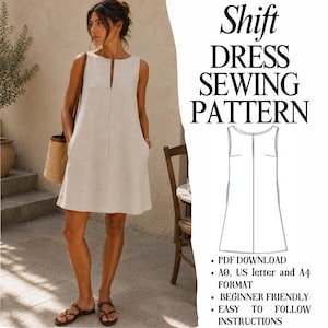 Puede incluir: Un vestido recto beige sin mangas con cuello redondo y costura central vertical. La imagen incluye el texto Shift DRESS SEWING PATTERN, PDF DOWNLOAD, A0, US letter and A4 FORMAT, BEGINNER FRIENDLY, EASY TO FOLLOW INSTRUCTIONS.