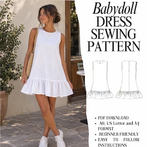 May include: A white sleeveless babydoll dress with a ruffled hemline, accompanied by a technical line drawing showing front and back views. Text reads: Babydoll DRESS SEWING PATTERN, PDF DOWNLOAD, A0, US Letter and A4 FORMAT, BEGINNER FRIENDLY, EASY TO FOLLOW INSTRUCTIONS.