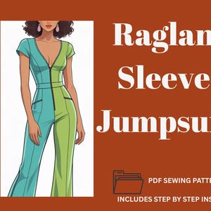 Pode incluir: Ilustração de um macacão de manga raglan verde-lima e turquesa com decote em V e zíper. A imagem inclui o texto "Raglan Sleeve Jumpsuit" e "PDF Sewing Pattern".