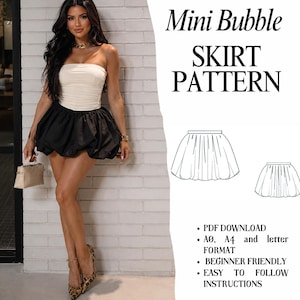 Mini Bubble Skirt Sewing Pattern PDF | Balloon Mini Skirt Pattern | High Waist Bubble Hem Skirt | Women's Skirt Sewing Pattern US Sizes 0–30
