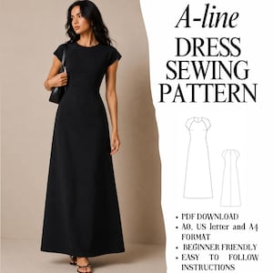 May include: A black floor-length A-line dress with short sleeves and a round neckline. The image includes text reading A-line DRESS SEWING PATTERN, PDF DOWNLOAD, A0, US letter and A4 FORMAT, BEGINNER FRIENDLY, and EASY TO FOLLOW INSTRUCTIONS.