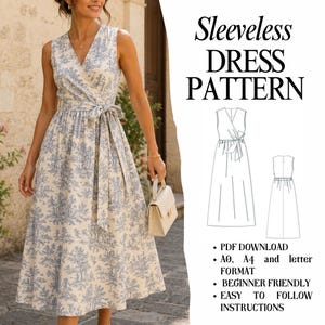 Wrap Tea Length Dress Sewing Pattern | Sleeveless Belted Tea Length Dress PDF | Women's Summer Dress Pattern | A0 A4 Letter | US 0–30