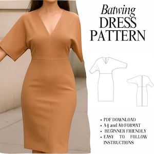 Fledermausärmel Bleistift Kleid Schnittmuster | Tiefer V-Ausschnitt, sichtbarer Reißverschluss (herunterladbare PDF-Datei)