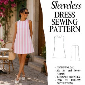 Peut inclure: Un patron de couture pour robe sans manches présentant une robe à rayures verticales roses et blanches, des dessins techniques du vêtement et le texte "Sleeveless DRESS SEWING PATTERN", "PDF DOWNLOAD", "A0, A4 and letter FORMAT", "BEGINNER FRIENDLY", "EASY TO FOLLOW INSTRUCTIONS".