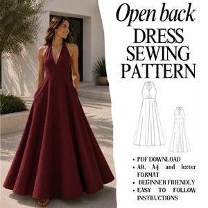 Halter Maxi Dress Sewing Pattern | Open Back, Flowing Skirt (PDF Download)
