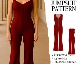 Sweetheart Ausschnitt Jumpsuit Schnittmuster - Breite Träger, tailliertes Oberteil, ausgestelltes Bein (PDF-Muster)