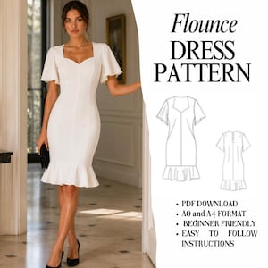 Puede incluir: Una mujer con un vestido blanco con volantes, escote cuadrado y mangas con volantes. El vestido tiene un corpiño ajustado y una falda acampanada. La imagen también incluye un patrón de vestido con el texto "Flounce DRESS PATTERN".