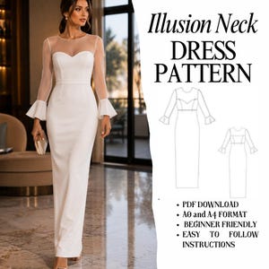 May include: A white, floor-length dress with an illusion neckline and long sleeves with flared cuffs. The dress features a fitted bodice and a streamlined skirt. The image includes the text "Illusion Neck DRESS PATTERN" and details about the pattern.