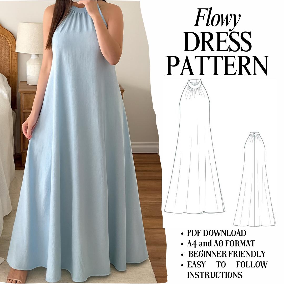 Ruched Halter Knit Dress Sewing Pattern | Sleeveless Gown (PDF Pattern A0 +  A4)
