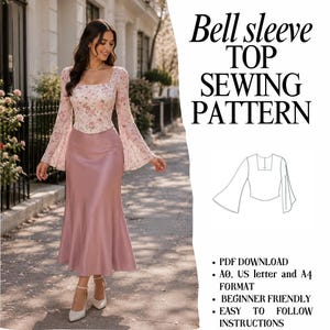 Op de afbeelding: Een naaipatroon voor een top met klokmouwen, met een bloemrijke top met lange mouwen en een vierkante halslijn en een effen roze midirok. De tekst luidt Bell sleeve TOP SEWING PATTERN, PDF DOWNLOAD, A0, US letter and A4 FORMAT, BEGINNER FRIENDLY.