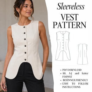 Può includere: Un gilet senza maniche color crema con scollo rotondo e chiusura frontale con sei bottoni scuri. Il capo presenta un orlo curvo più lungo sul retro. Il testo recita: Sleeveless VEST PATTERN, PDF DOWNLOAD, A0, A4 and letter FORMAT, BEGINNER FRIENDLY, EASY TO FOLLOW INSTRUCTIONS.