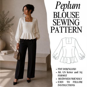 Puede incluir: Un patrón de costura para una blusa peplum blanca con mangas largas y escote cuadrado. La imagen muestra el texto Peplum BLOUSE SEWING PATTERN, PDF DOWNLOAD, A0, US letter and A4 FORMAT, BEGINNER FRIENDLY y EASY TO FOLLOW INSTRUCTIONS.