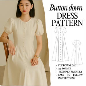 Button Down Dress Sewing Pattern (PDF Download, A4 Format, Beginner Friendly)