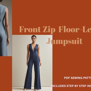 Könnte beinhalten: Ein marineblauer Jumpsuit mit Frontreißverschluss und bodenlanger Länge. Das Bild zeigt die Vorder- und Rückseite des Jumpsuits. Der Text auf dem Bild lautet "Front Zip Floor-Length Jumpsuit" und "PDF Sewing Pattern".
