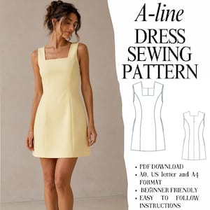 Peut inclure: Une robe trapèze jaune clair avec une encolure carrée et sans manches. L'image contient le texte A-line DRESS SEWING PATTERN, PDF DOWNLOAD, A0, US letter and A4 FORMAT, BEGINNER FRIENDLY, et EASY TO FOLLOW INSTRUCTIONS.