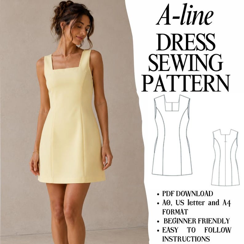 Easy Robe Sewing Pattern Patron de couture pour robe courte trapèze | Encolure carrée, découpes ...