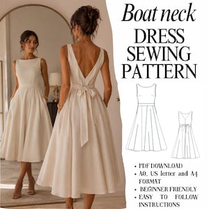 May include: A sewing pattern for a sleeveless boat neck dress with a deep V-back and a waist tie. The text reads: Boat neck DRESS SEWING PATTERN, PDF DOWNLOAD, A0, US letter and A4 FORMAT, BEGINNER FRIENDLY, EASY TO FOLLOW INSTRUCTIONS.