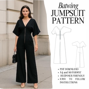 Deep V-neck Batwing Sleeve Wide Leg Jumpsuit Sewing Pattern (Downloadable PDF)
