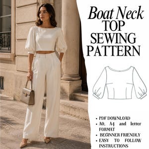 Puede incluir: Un patrón de costura para un top con cuello barco y mangas abullonadas. La imagen muestra el texto Boat Neck TOP SEWING PATTERN, un dibujo técnico de la prenda y notas sobre la descarga en PDF en formatos A0, A4 y carta.