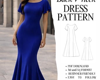 Mermaid Gown PDF Sewing Pattern – Deep V Back, Flared Sleeves