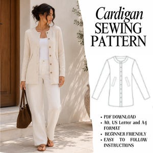May include: A beige long-sleeve cardigan with a round neckline and front button closure. The image includes the text Cardigan SEWING PATTERN, a line drawing of the garment, and details for PDF download in A0, US Letter, and A4 formats.
